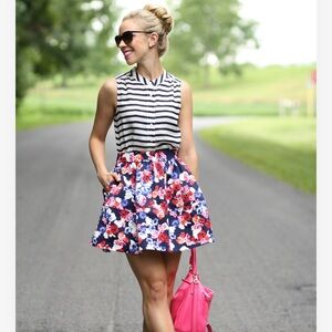 Express Floral High Waist Skater Skirt - Blue, Red, White